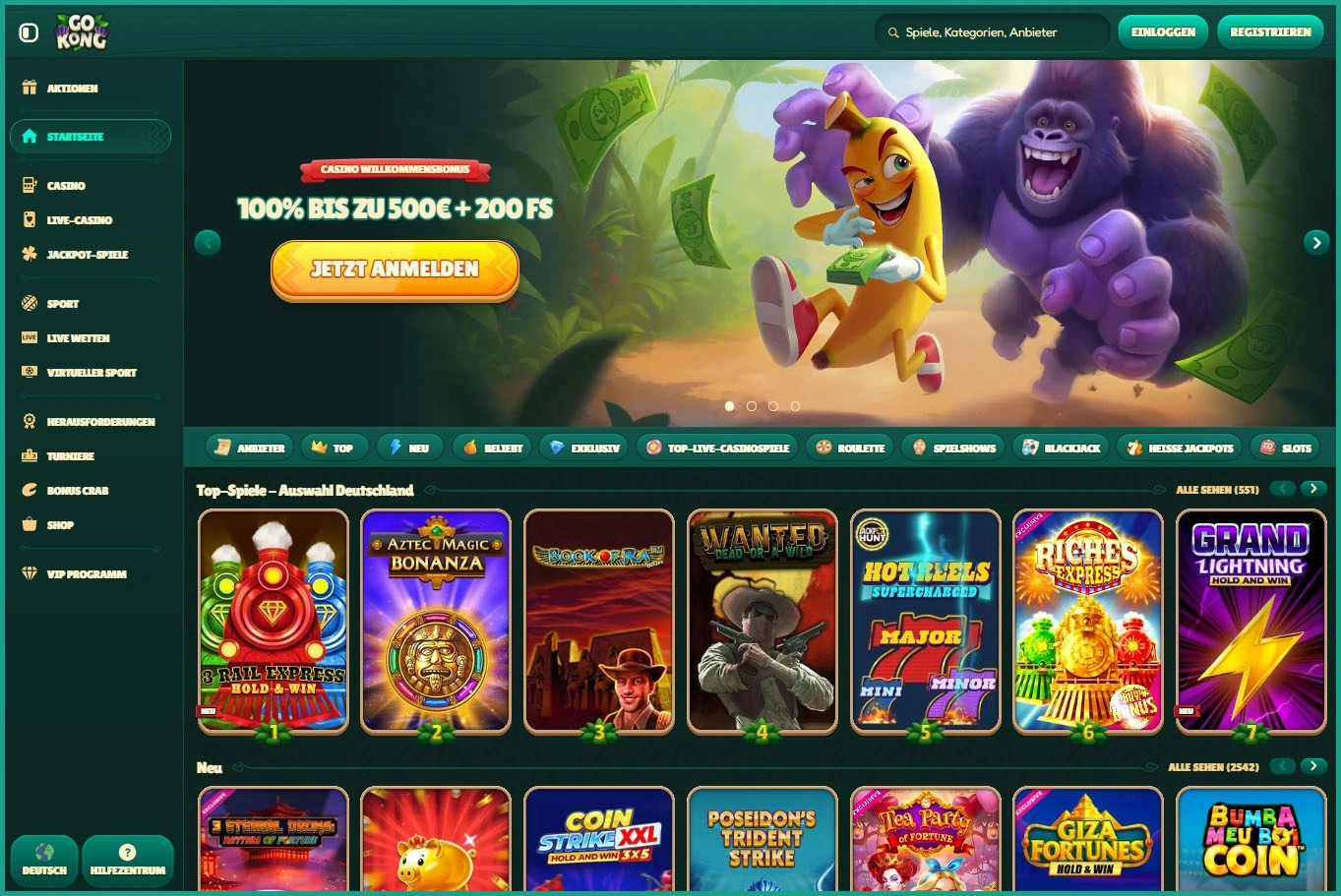 Übersicht der GoKong-Hauptseite