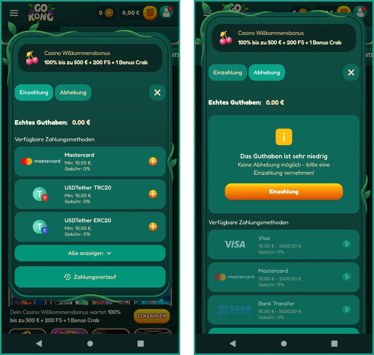 Übersicht der Ein- und Auszahlungsmethoden im GoKong
